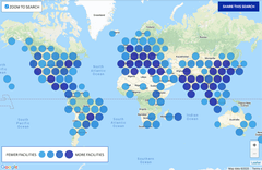 Map from the Open Apparel Registry with dots indicating the locations of facilities in the apparel industry around the world
