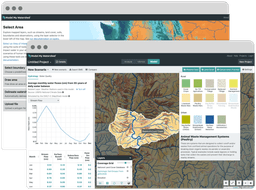 Two screenshots of Model My Watershed, the one in front displaying how a user might model scenarios for Hydrologic Soil Groups. 