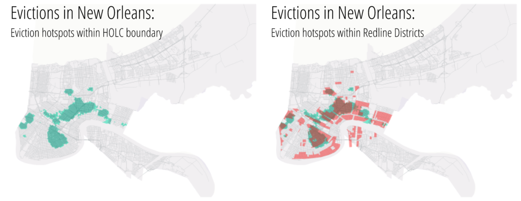 This map shows where statistically significant evictions are clustered, and the right map shows how those areas align with D graded HOLC zones.