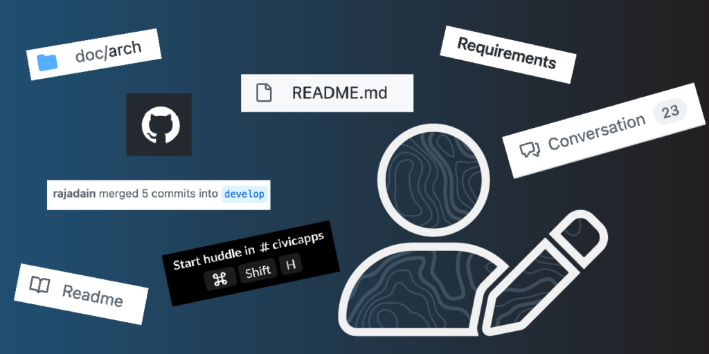outline of a person holding a pen with screenshots of documentation text including "README.md", "Start Huddle in #CivicApps", "Conversation (23)", "Requirements", "doc/arch","user merged 5 commits into develop", and the github logo