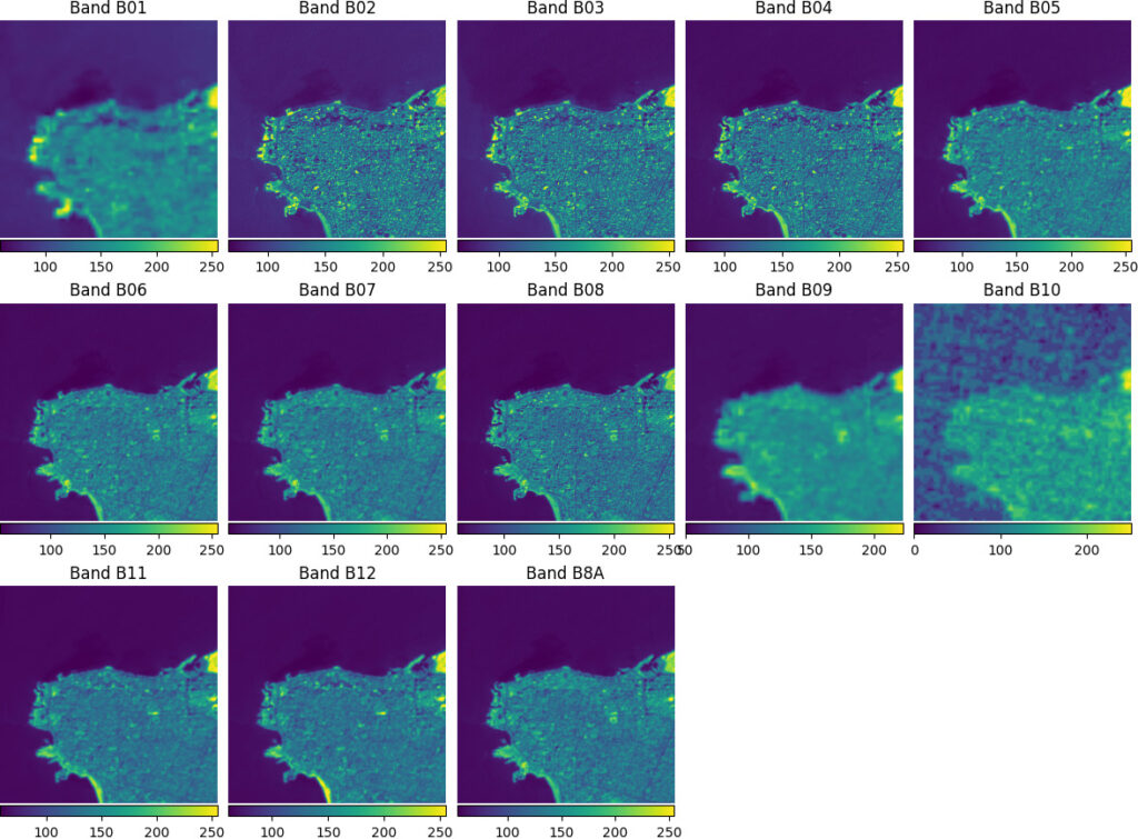 13 side-by-side images with varying degrees of blurriness. Example of a chip sampled from a MultiRasterSource that combines the 13 Sentinel-2 bands.