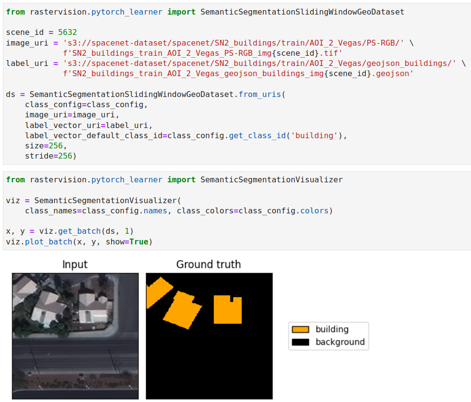 Screenshot of a snippet of code above a side-by-side of a satellite image of some houses (input) next to a black square with orange polygons (ground truth) modeling where the houses were in the image to the left.
