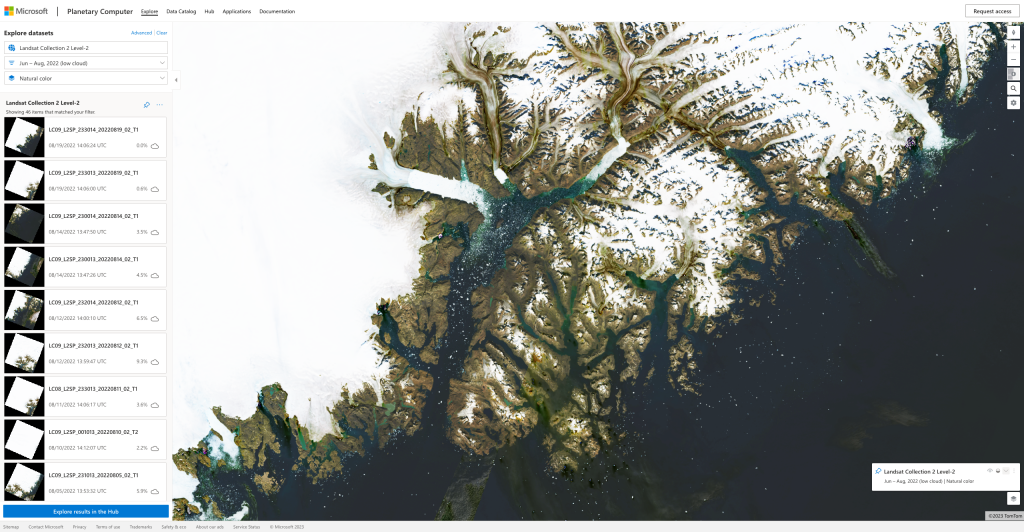In this screenshot, you can see Landsat level 2 data loaded over the Helheim Glacier in southeast Greenland. In the left sidebar, you can see that we are visualizing only low-cloud cover scenes over a specific time period, and these scenes are being mosaiced together with our tiler. The query parameters in the left drop down are converted under the hood into HTTP request parameters, which have been used to query the STAC API to discover the assets available for our view window.