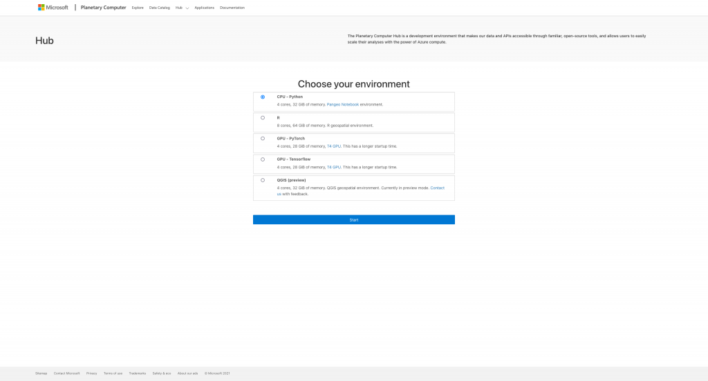 Options to choose your environment within The Hub.
