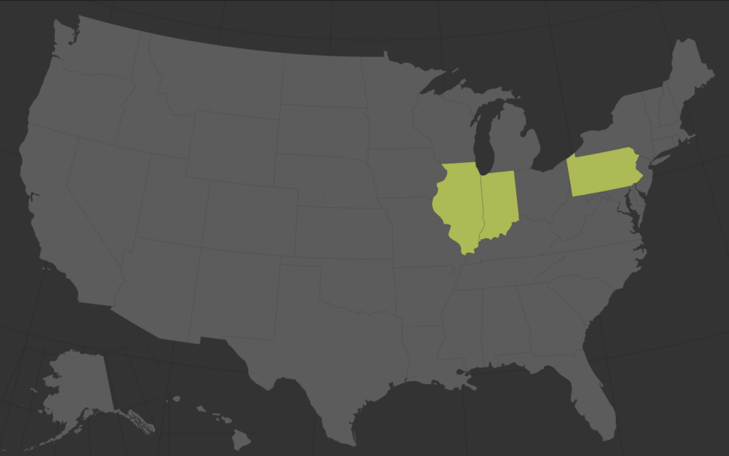 A map of the USA highlighting only Illinois and Indiana, which are adjacent states, but also Pennsylvania.