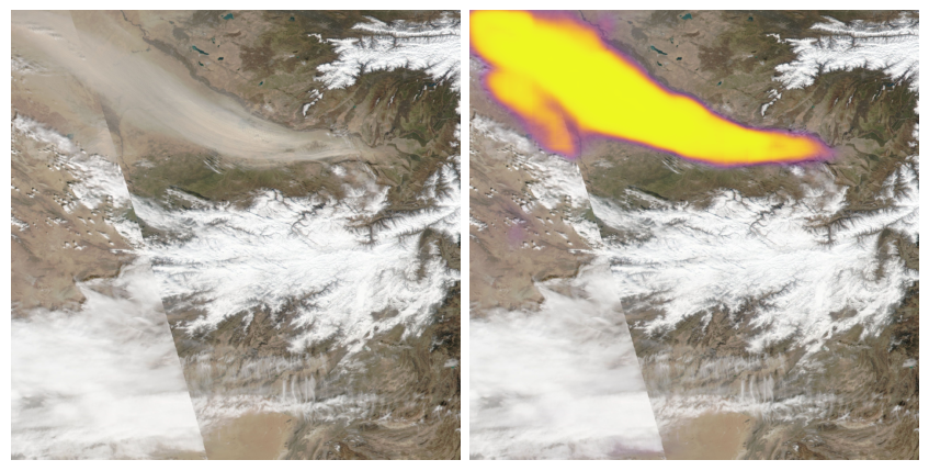 Aerial input image showing clouds, desert, water, and some vegetation on the left, with a neon pink and yellow section overlayed over it on the right showing predicted probability of dust.