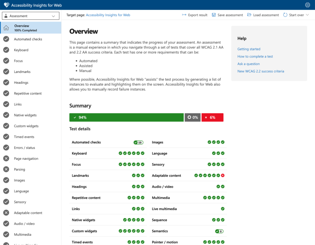 A screenshot showing an overview of accessibility insights for web. The summary shows 94% accessibility with details including automated checks, keyboard, focus, language, sensory, headings, and more.